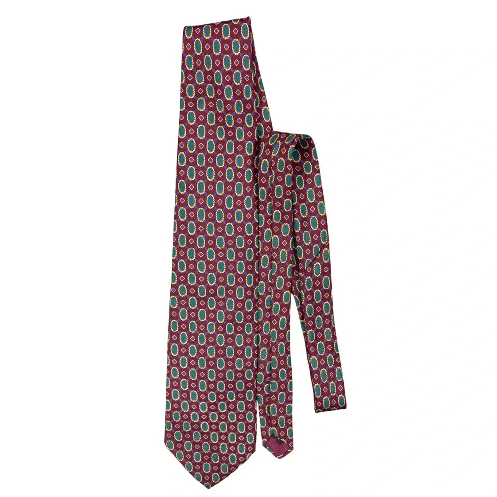 VTG Christian Dior Mens Burgundy‎ Geometric Neck Tie 100% Silk Made in USA EUC